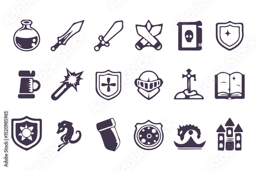 RPG Game Icon Set. Fantasy UI Pictogram Kit with Health Signs, Swords, Potions, Skills, Awards, Knight Weapons and Dungeon Dragon Elements. Vector Illustration