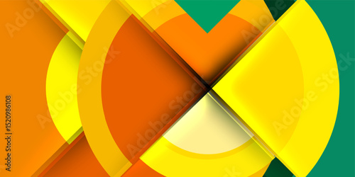 Abstract design features overlapping orange, yellow shapes. Dark background enhances vibrant color contrast, creating dynamic visual effect.
