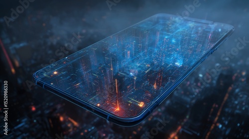 Digital metropolis emerging from a mobile device, showcasing futuristic design