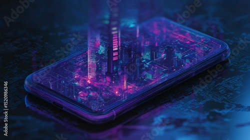 High-tech city rising from a smartphone, symbolizing innovation