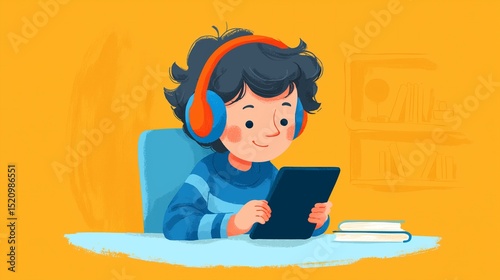 Cheerful animated boy studying on tablet with headphones on yellow background