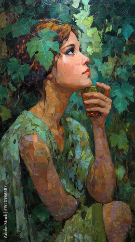 Contemplative woman in lush green forest, painted with paints