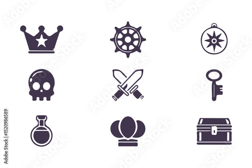 RPG Game Icon Set. Fantasy UI Pictogram Kit with Health Signs, Swords, Potions, Skills, Awards, Knight Weapons and Dungeon Dragon Elements. Vector Illustration