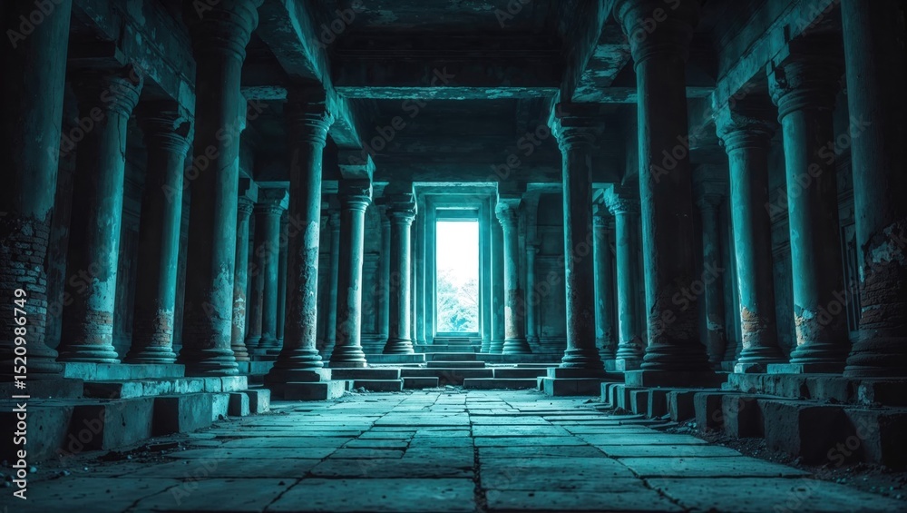 Fototapeta premium Mysterious blue-lit corridor in an ancient stone structure with rows of majestic columns, leading to a bright exit evoking a sense of lost civilizations, timeworn beauty, and hidden wonder