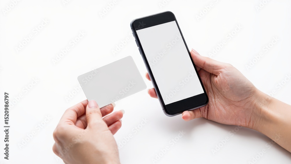 Woman Holding Phone with Blank Screen and Credit Card on White Background Woman Holding Phone with Blank Screen and Credit Card on White Background