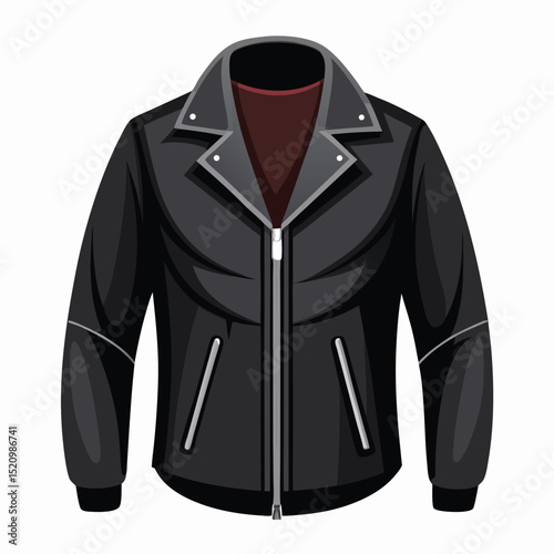 Graphic Vector Illustration of a Classic Black Leather Biker Jacket with Zipper