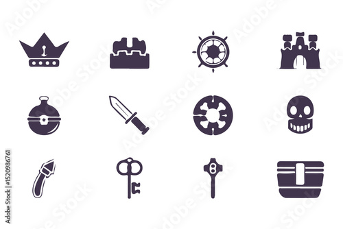 RPG Game Icon Set. Fantasy UI Pictogram Kit with Health Signs, Swords, Potions, Skills, Awards, Knight Weapons and Dungeon Dragon Elements. Vector Illustration