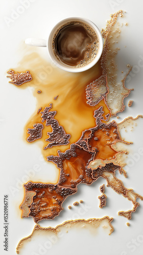 The continent of Europe emerges organically from a coffee spill, turning a simple accident into a travel-inspired moment