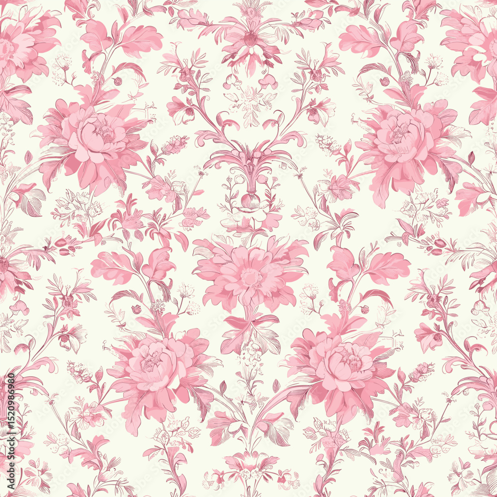 Obraz premium Pink Toile De Jouy Vintage Floral Seamless Pattern 12. Elegant Vector Graphics Print design