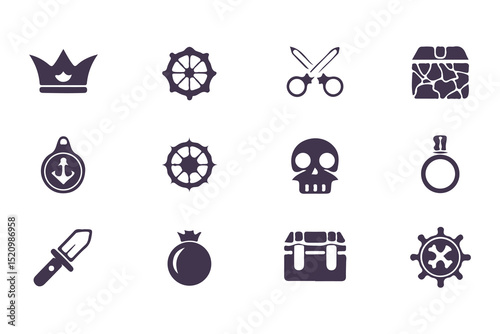 RPG Game Icon Set. Fantasy UI Pictogram Kit with Health Signs, Swords, Potions, Skills, Awards, Knight Weapons and Dungeon Dragon Elements. Vector Illustration