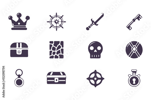 RPG Game Icon Set. Fantasy UI Pictogram Kit with Health Signs, Swords, Potions, Skills, Awards, Knight Weapons and Dungeon Dragon Elements. Vector Illustration