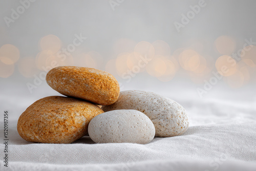 closeup of smooth pebbles showcasing their unique textures and colors with soft bokeh effect in background