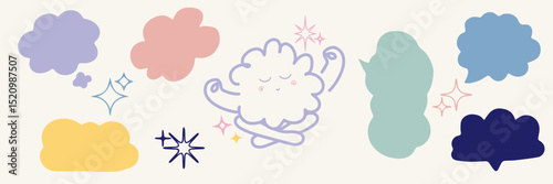 cute kawaii cloud, pastel , Meditation, Set of stars in shape