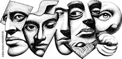 Engraved abstract faces art collection for creative design projects