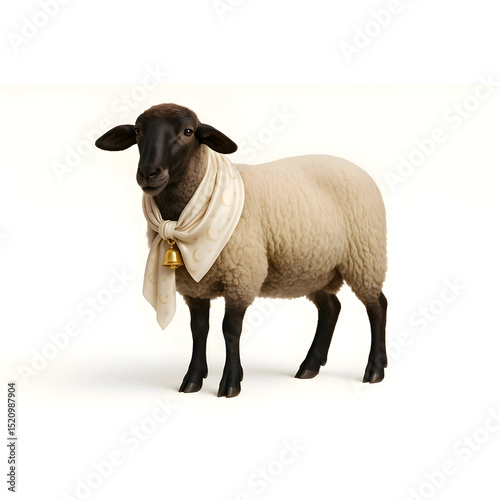 Decorated black-faced sheep with a scarf and a bell

