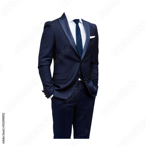 Sharp Navy Blue Suit: Modern Formal Wear with White Shirt and Dark Tie

