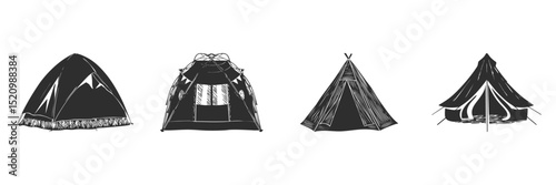Camping Tent Silhouette Set. Outdoor Adventure And Shelter Concepts Isolated Vector Illustration Collection
