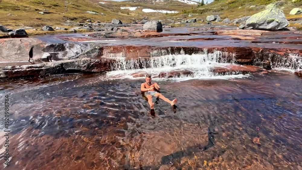 Viking Man Bathing in Small Waterfall – Haglebu, Sigdal, Norway Wilderness Scene