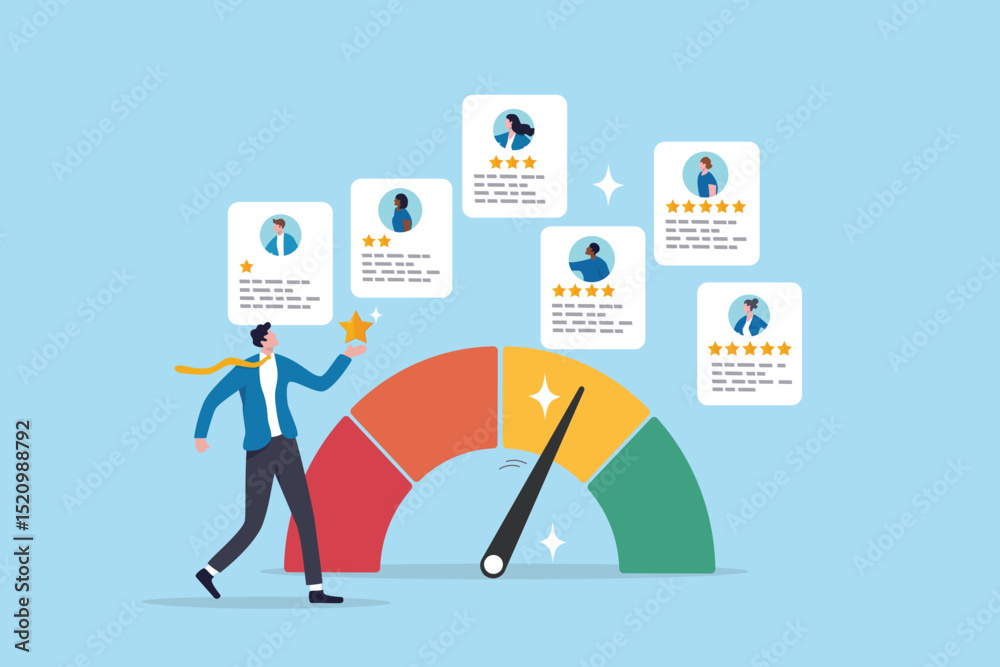 Performance review, employee evaluation rating assessment, star feedback for candidate, quality scale or appraisal comparison concept, businessman review employee performance with gauge and star.