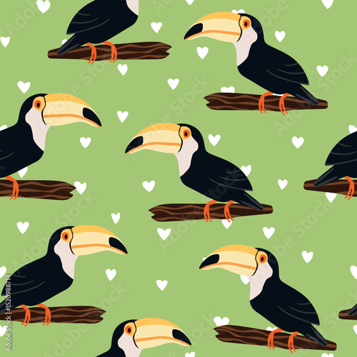 Seamless pattern with cute cartoon toucan bird on branch. Vector illustration for wallpaper, fabric, textile. Summer exotic print. Tropical toucan with floral monstera leaves.