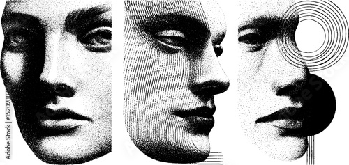 Artistic collection of engraved abstract faces illustrating unique expression and form
