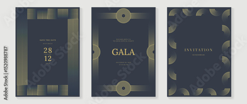 Luxury wedding invitation card background vector. Golden elegant gold wavy lines on navy blue background. Premium design illustration for wedding and vip cover template, banner, poster. 