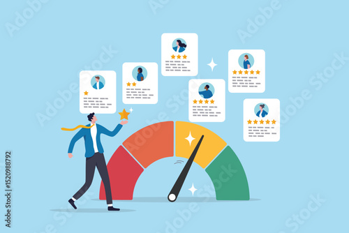 Performance review, employee evaluation rating assessment, star feedback for candidate, quality scale or appraisal comparison concept, businessman review employee performance with gauge and star.