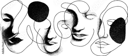 Abstract engraved illustration of stylized faces with modern artistic elements