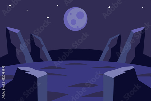 Blue glowing moon and stars light up the dark night sky over the city, a festive holiday symbol