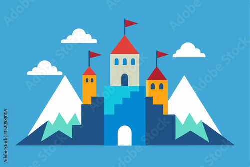 Fairytale castle on a hill, a cartoon vector illustration of a medieval fantasy kingdom tower