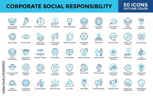 Corporate Social Responsibility icons set with environmental responsibility, carbon footprint, renewable energy, tree planting, recycling initiative icon. Simple outline color vector 
