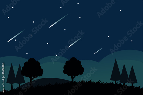 Starry night sky landscape with silhouetted trees and a bright moon