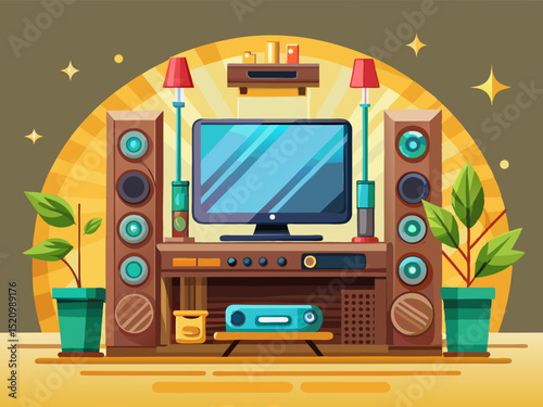 vector of LCD design equipped with a home theater on a wooden table against a light background.