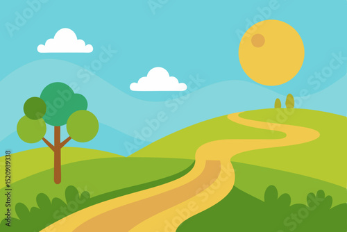 Vibrant summer landscape vector illustration with green trees, hills, and a road under a bright sky with clouds