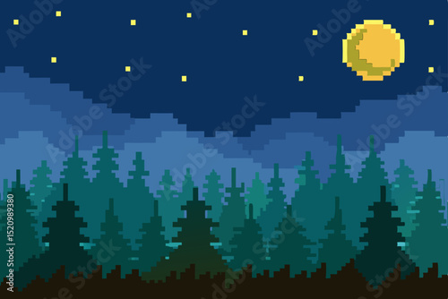 Dark starry night sky over a winter forest landscape with silhouetted trees and moonlight