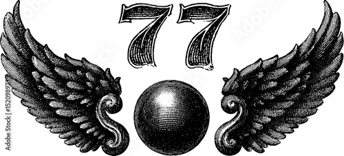 Engraved angel number 777 artwork with intricate wing design for spiritual themes