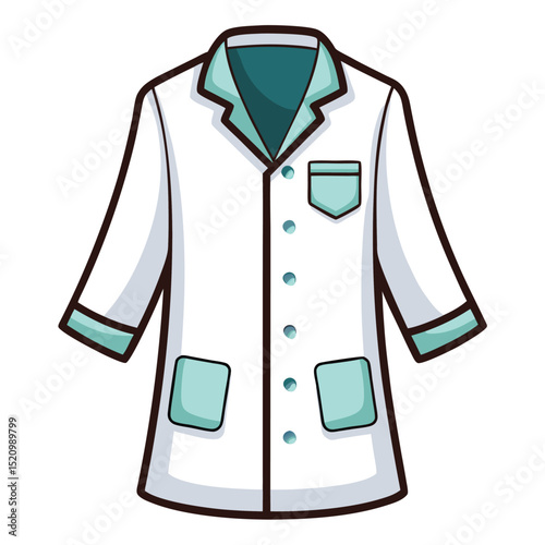 Illustrated White Lab Coat with Teal Accents and Dark Brown Outlines Graphic