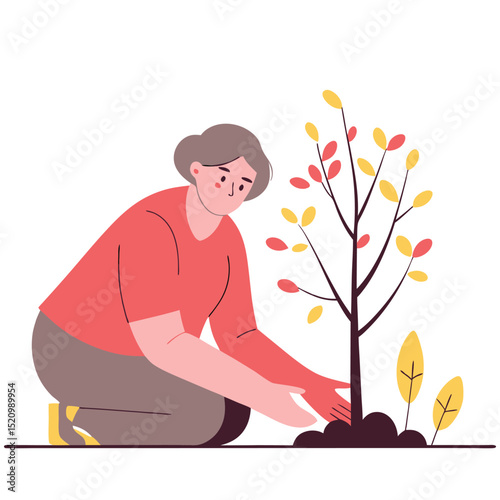 Illustrated Woman Plants Young Tree with Autumn Leaves in Garden Soil