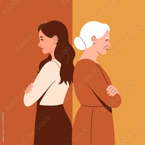 elderly woman and young woman back to back illustration 