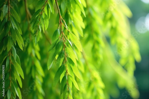 Delicate willow branches with vibrant green foliage, swaying gently in the breeze Perfect for nature, spring, and tranquility themes , organic, ecosystem, background