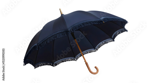 Elegant Navy Blue Umbrella: Stylish Accessory with a Curved Wooden Handle

