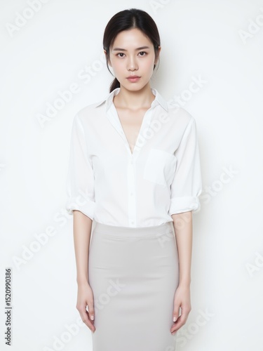 Stylish Asian Female Office Professional in Sleek Outfit with Refined Makeup, against Minimalist Backdrop. Elegance and Modern Business Attire.