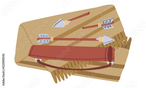 poncho, scarf made of fabric on which lies a quiver with arrows as a museum exhibit. An archaeological find. Flat color illustration. scientific projects, encyclopedias, museum exhibitions, history.