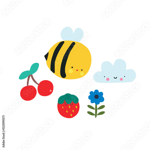 Spring set with bee. Flat style, vector print.eps