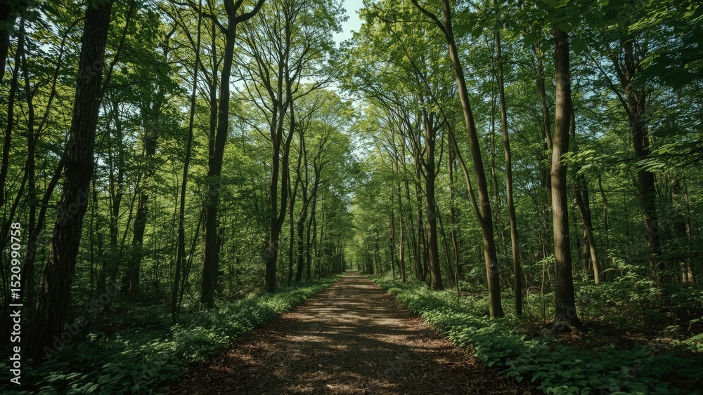 Naklejka premium Forest Path Illuminated by Dappled Sunlight Filtering Through Trees