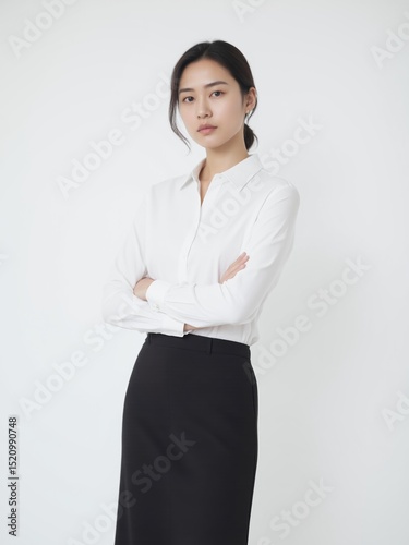 Stylish Asian Female Office Professional in Sleek Outfit with Refined Makeup, against Minimalist Backdrop. Elegance and Modern Business Attire.