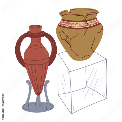 Antique wine jug on a stand, Greek-themed pot under glass, museum exhibits. An archaeological find. Flat color illustration. scientific projects, encyclopedias, museum exhibitions, history.