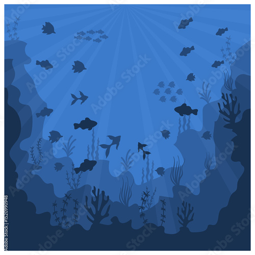 Canvas Print png deep underwater ocean scene with coral reef fish silhouette bubbles marine l