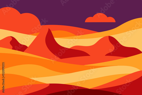 Vector illustration of a desert landscape at sunset with mountains and an orange sky