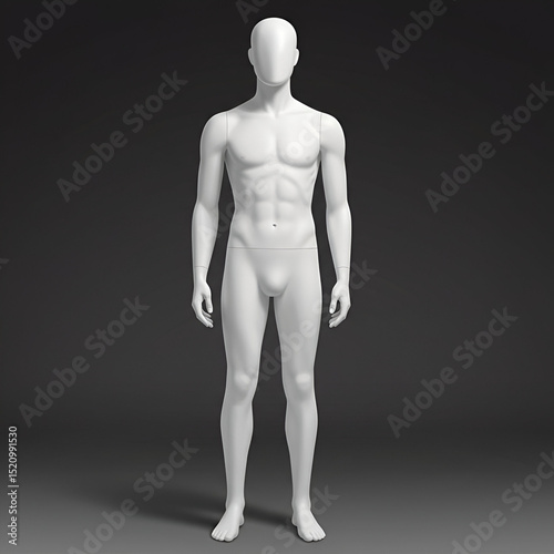 Male mannequin in neutral pose against a dark background. Full body view of a neutral, unclothed male mannequin in a neutral studio setting.
